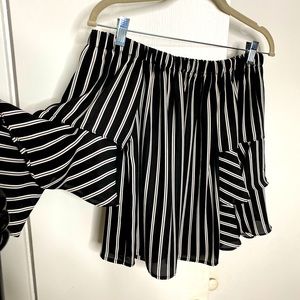 Black and white striped off the shoulder long sleeve tiered shirt